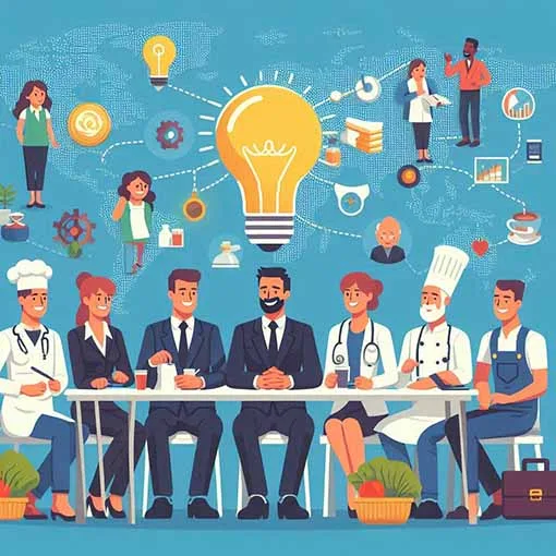 people sitting at table with lightbulb above