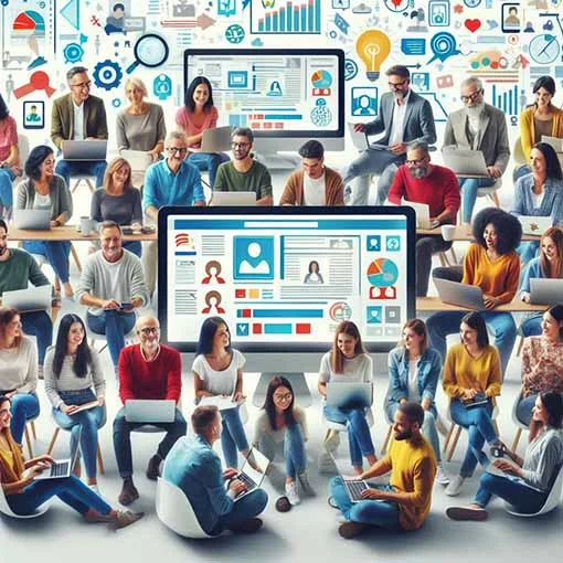 people gathering with computer monitors